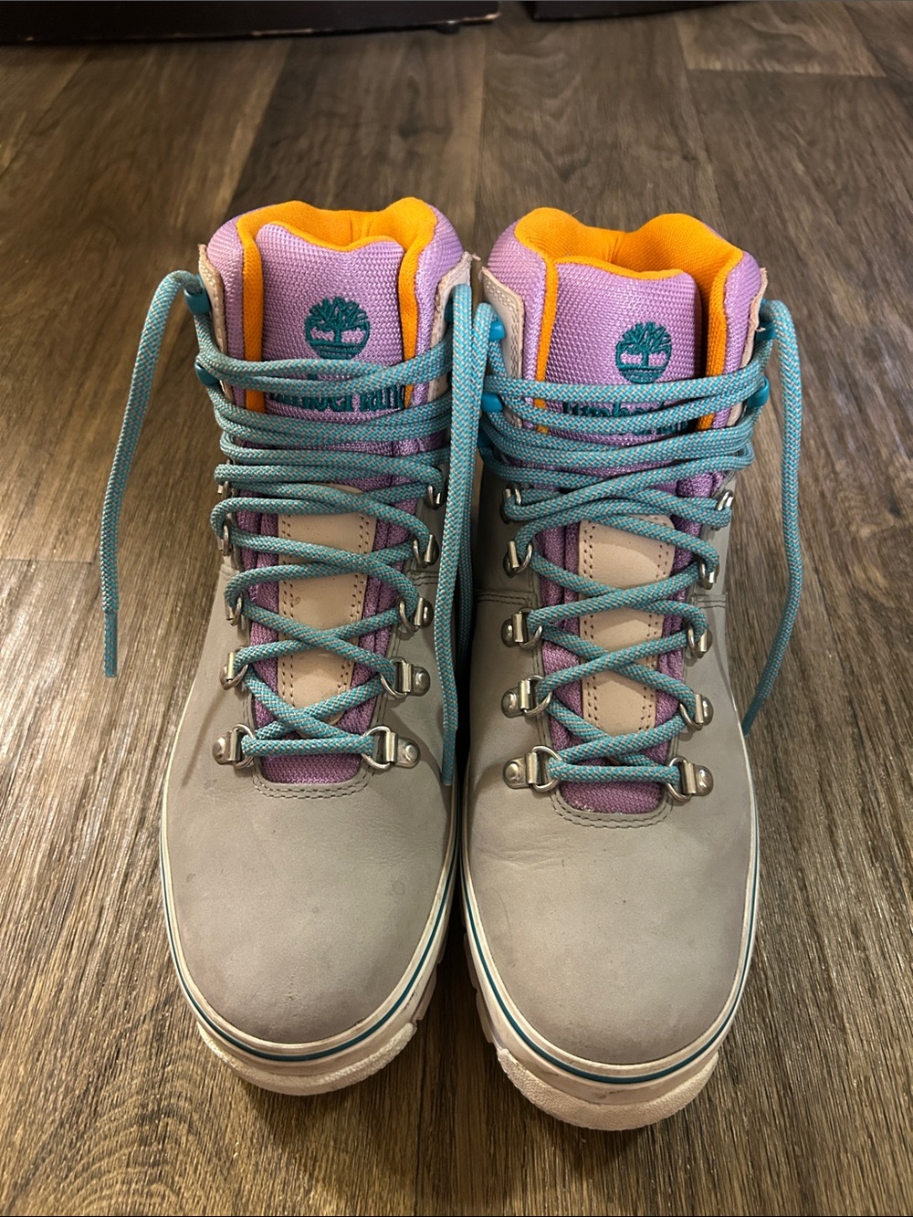 Timberland Gray Leather High-Top Boots with Lavender Tongue & Teal Laces